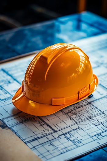 A yellow hard hat on a blueprint